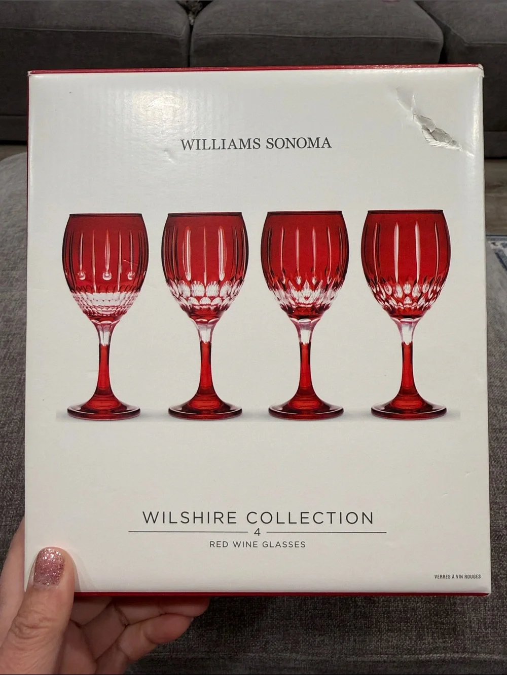 Williams Sonoma Red Cut Crystal Wine Glasses - Set of 3